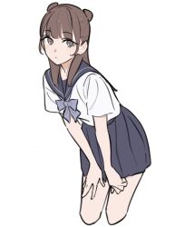 1girl blue_bow blue_sailor_collar blue_skirt bow breasts brown_hair closed_mouth double_bun grey_eyes hair_bun highres kashiwa_(iersansi) long_hair looking_at_viewer original pleated_skirt sailor_collar school_uniform shirt short_sleeves simple_background skirt solo white_background white_shirt