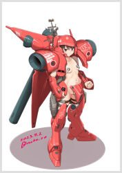 Rule 34 | 1girl, armor, black hair, breasts, brown eyes, cosplay, full body, gerbera tetra, gerbera tetra (cosplay), grin, gun, gundam, gundam 0083, kantai collection, mecha musume, midriff, miyuki (kancolle), moke ro, naked armor, red armor, short hair, simple background, small breasts, smile, solo, standing, weapon, white background