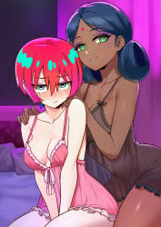2girls absurdres amate_yuzuriha babydoll bed bed_sheet bindi blue_hair breasts commentary_request dark-skinned_female dark_skin double_bun embarrassed green_eyes gundam gundam_gquuuuuux hair_bun hands_on_another&#039;s_shoulders highres indoors lalah_sune looking_at_viewer medium_breasts multiple_girls on_bed pikumin64 prostitution red_hair short_hair