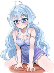 1girl ahoge bare_arms bare_shoulders blue_dress blue_eyes blue_hair blush commentary cropped_legs dress glasses grey-framed_eyewear highres long_hair parted_lips shiunji-ke_no_kodomotachi shiunji_seiha simple_background sleeveless sleeveless_dress solo straddling strap_slip unname very_long_hair white_background