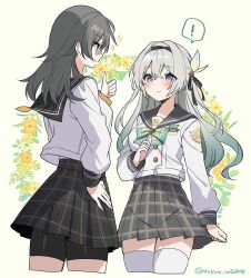 ! 2girls bike_shorts black_hairband black_skirt breasts commentary_request firefly_(honkai:_star_rail) firefly_(spring_missive)_(honkai:_star_rail) floral_background gradient_hair grey_hair grey_sailor_collar hairband highres honkai:_star_rail honkai_(series) long_hair medium_hair mishima_kurone multicolored_hair multiple_girls official_alternate_costume sailor_collar school shirt shorts shorts_under_skirt skirt spoken_exclamation_mark stelle_(honkai:_star_rail) thighhighs thighs trailblazer_(honkai:_star_rail) twitter_username two-tone_hair white_shirt white_thighhighs