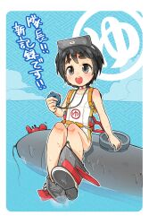 1girl alpha_transparency black_eyes black_hair blush choker crab highres holding_stopwatch japanese_flag kantai_collection looking_at_viewer maru-yu_(kancolle) mokyun ocean one-piece_swimsuit open_mouth short_hair sitting solo stopwatch swimsuit torpedo translation_request watch wet wet_hair white_one-piece_swimsuit