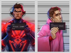2boys absurdres barbie_mugshot_(meme) blue_bodysuit bodysuit brown_hair character_name cheekbones coat dark-skinned_male dark_skin frown glowing_bodysuit height_chart height_mark highres holding holding_sign hood hooded_coat large_pectorals looking_at_viewer male_focus marvel meme miguel_o&#039;hara mugshot multiple_boys muscular muscular_male pectorals peter_b_parker pink_coat print_bodysuit puckered_lips raised_eyebrow red_bodysuit short_hair sign skin_tight sparse_stubble spider-man:_across_the_spider-verse spider-man_(2099) spider-man_(series) spider-verse thick_eyebrows two-tone_bodysuit upper_body yakichou yaoi