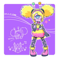 !? 1girl bakenyan_(precure) black_gloves black_pantyhose black_shirt blonde_hair blue_eyes blush_stickers bright_pupils bubble_skirt colored_skin cyclops dated elbow_gloves eyelashes eyewon_(precure) fake_antennae full_body gloves hand_on_own_hip karin_(100100) looking_at_viewer monster_girl one-eyed outline pantyhose pink_skin pink_skirt pointy_ears precure shirt signature skirt smile star_twinkle_precure striped_clothes striped_gloves striped_pantyhose twintails two-tone_skirt white_outline white_pupils