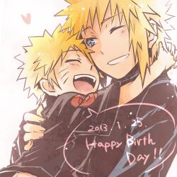 Rule 34 | 2boys, ;d, black shirt, blonde hair, blue eyes, father and son, grin, hug, lowres, male focus, multiple boys, namikaze minato, naruto (classic), naruto (series), one eye closed, open mouth, shirt, short hair, smile, spiked hair, teeth, uzumaki naruto, white background, yosakuh
