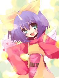1girl belt bob_cut bow brown_belt commentary_request eiko_carol fake_wings final_fantasy final_fantasy_ix green_background green_eyes hair_bow happy high_collar horns izumi_makoto mog moogle open_mouth purple_hair red_sweater single_horn smile sweater turtleneck turtleneck_sweater upper_body very_long_sleeves white_wings wings yellow_bow