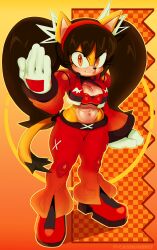 1girl alternate_costume animal_ears bell-bottoms black_hair breasts cashumeru cat cat_girl cleavage crop_top cropped_jacket full_body furry furry_female gloves headband honey_the_cat jacket long_sleeves looking_at_viewer midriff navel pants red_headband red_jacket red_pants red_shoes shoes sonic_(series) tail thighs tight_clothes tight_pants twintails white_gloves yellow_fur