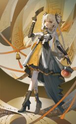 1girl bell black_boots black_gloves boots braid china_dress chinese_clothes double_bun dress drone gloves grey_hair hair_bun half_gloves highres karenina:_scire_(warding_ritualist)_(pgr) karenina_(pgr) long_hair mizu_moku_shio official_alternate_costume official_alternate_hairstyle ofuda open_mouth orange_eyes punishing:_gray_raven solo twin_braids twintails white_hair yellow_eyes