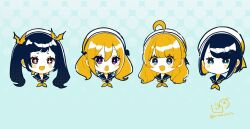 +_+ 4girls :d ahoge beret black_hair black_sailor_collar blue_background blue_eyes blush braid closed_mouth commentary_request halftone halftone_background hat highres multicolored_hair multiple_girls neckerchief open_mouth orange_hair orange_neckerchief original portrait purple_eyes red_eyes rino_cnc sailor_collar smile twintails twitter_username two-tone_hair white_hat