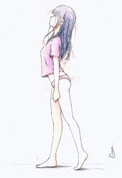 1girl absurdres barefoot bbmasa black_hair blue_background commentary from_side full_body gradient_background hibike!_euphonium highres legs liz_to_aoi_tori long_hair panties pink_panties pink_shirt profile shirt signature solo standing t-shirt thighs traditional_media underwear walking yoroizuka_mizore