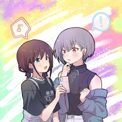 ! 2girls :d arm_at_side bang_dream! bang_dream!_it&#039;s_mygo!!!!! black_shirt blue_eyes blue_jacket brown_hair buttons cellphone collared_shirt colorful_background crossover earphones eighth_note girls_band_cry grey_hair grey_overalls hair_between_eyes hand_on_own_chin hand_up highres holding holding_phone iseri_nina jacket jacket_partially_removed lemoontya light_blush looking_at_another low_twintails multiple_girls musical_note o-ring official_alternate_costume open_clothes open_jacket open_mouth overalls phone shirt short_hair short_twintails side-by-side sleeveless sleeveless_shirt smartphone smile speech_bubble spoken_exclamation_mark spoken_musical_note takamatsu_tomori twintails upper_body yellow_eyes zipper