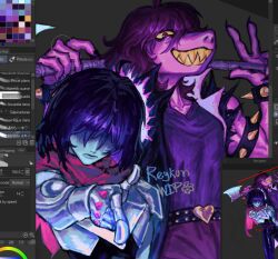 1girl 1other ahoge armlet armor axe belt black_belt black_hair black_jacket black_pants blue_skin bracelet closed_mouth colored_sclera colored_skin colored_teeth commentary deltarune english_commentary freckles furry furry_female grin hair_over_eyes heart_belt_buckle holding holding_axe holding_weapon jacket jewelry kris_(dark_world)_(deltarune) kris_(deltarune) looking_at_viewer metal_gloves official_alternate_costume over_shoulder pants pink_scarf pink_skin pointing pointing_at_viewer purple_hair purple_pants purple_shirt reykun scarf sharp_teeth shirt short_hair smile spiked_armlet spiked_bracelet spikes susie_(dark_world)_(deltarune) susie_(deltarune) teeth torn_clothes torn_sleeves unfinished weapon weapon_over_shoulder yellow_sclera yellow_teeth
