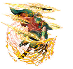1boy armor boots brown_boots cape clenched_hand dagger fire_emblem fire_emblem:_the_sacred_stones fire_emblem_heroes full_body green_cape green_pants holding holding_dagger holding_knife holding_weapon joshua_(fire_emblem) joshua_(resolute_tempest)_(fire_emblem) knife long_hair nintendo official_art okuma_yuugo pants pauldrons red_eyes red_hair shoulder_armor two-tone_cape weapon