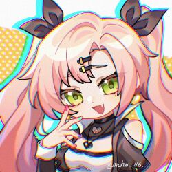1girl :d alternate_hairstyle bare_shoulders black_bow black_jacket bow breasts chibi chibi_only chromatic_aberration cleavage clothing_cutout curtained_hair fang furrowed_brow green_eyes hair_bow hair_ornament hairclip hand_up hashtag-only_commentary head_tilt heart heart_necklace jacket jewelry looking_at_viewer mohu_116 multicolored_nails necklace nicole_demara open_clothes open_jacket open_mouth parallel_hairclips pink_hair polka_dot polka_dot_background shirt shoulder_cutout single_hair_intake smile solo twintails twitter_username two-tone_background upper_body white_background white_shirt yellow_background zenless_zone_zero