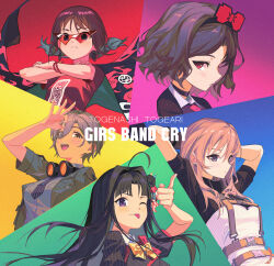 5girls absurdres ahoge awa_subaru black_hair blonde_hair bow bowtie brown_hair cape copyright_name crossed_arms dododo_(fightingdodo) ebizuka_tomo expressionless girls_band_cry goggles highres iseri_nina jacket kamina_shades kawaragi_momoka long_hair medium_hair multiple_girls necktie one_eye_closed open_mouth purple_eyes rupa_(girls_band_cry) shirt short_hair simple_background smile t-shirt tengen_toppa_gurren_lagann togenashi_togeari tongue tongue_out