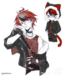ahoge alternate_costume animal_ears black_hair blue_eyes blush cat_ears cat_tail collar collarbone fingerless_gloves fingernails gloves looking_at_viewer messy_hair multicolored_eyes multicolored_hair open_mouth punk red_eyes red_hair red_shirt shirt simple_background sumino_takumi tail the_hundred_line_-last_defense_academy- white_background