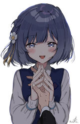1boy 1girl blush flower gakuen_idolmaster hair_flower hair_ornament hataya_misuzu hatsuboshi_gakuen_school_uniform highres idolmaster long_sleeves looking_at_viewer mole mole_under_mouth nakanakacxy pov pov_hands producer_(idolmaster) purple_hair school_uniform shirt short_hair signature simple_background smile sweat vest white_shirt
