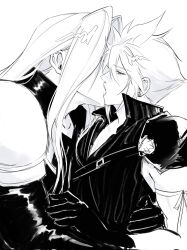 Rule 34 | 2boys, armor, black gloves, closing eyes, cloud strife, earrings, final fantasy, final fantasy vii, final fantasy vii advent children, gloves, hair over eyes, hand around waist, hand on another&#039;s arm, highres, jewelry, kiss, long hair, male focus, multiple boys, parted bangs, pauldrons, sephiroth, shoulder armor, single earring, spiked hair, yaoi, ynaqq