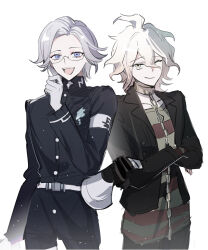 Rule 34 | 1123611099, :d, absurdres, aotsuki eito, armband, belt, black jacket, black pants, chain, chain leash, chinese commentary, collar, collarbone, creator connection, crossed arms, crossover, danganronpa (series), danganronpa another episode: ultra despair girls, eyeshadow, gakuran, glasses, gloves, grey eyes, grey hair, hair between eyes, hand up, highres, hole in chest, hole on body, jacket, komaeda nagito, last defense academy school uniform, leash, long sleeves, looking at viewer, makeup, male focus, medium hair, megaphone, metal collar, multiple boys, one eye closed, open clothes, open jacket, open mouth, pants, red eyeshadow, school uniform, servant (danganronpa), shirt, short hair, simple background, sketch, smile, striped clothes, striped shirt, teeth, the hundred line -last defense academy-, upper teeth only, white armband, white belt, white gloves, yellow eyes