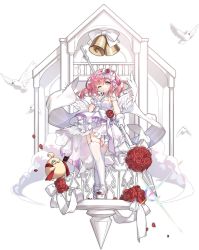 1girl azur_lane bare_shoulders bell bible_(object) bird dove dress finger_to_mouth flower full_body garter_straps gloves hairband high_heels highres holding holding_weapon looking_at_viewer manjuu_(azur_lane) official_alternate_costume official_art one_eye_closed pink_eyes pink_hair polearm priest rose saratoga_(azur_lane) saratoga_(ring_the_bell_of_joy)_(azur_lane) saru spear stiletto_heels thighhighs transparent_background weapon wedding_dress white_gloves white_thighhighs wings