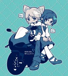 2girls b1ue_e4rth blue_background blue_eyes blue_hair blue_skirt blue_theme chibi chibi_only collared_shirt commentary_request cone_hair_bun double_bun frilled_sleeves frills fukurai_azami full_body hair_bun jasmine_(toshi_densetsu_kaitai_center) jumpsuit korean_commentary long_sleeves looking_at_viewer monochrome motor_vehicle multiple_girls outline pantyhose scooter shirt shoes short_hair sitting skirt smile speech_bubble standing toshi_densetsu_kaitai_center white_outline white_pantyhose white_shirt