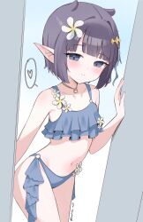 1girl bikini blue_bikini blue_eyes blunt_bangs blush cattocut closed_mouth flat_chest flower frilled_bikini frills hair_flower hair_ornament heart highres hololive hololive_english holonatsu_paradise looking_at_viewer mole mole_under_eye navel ninomae_ina&#039;nis ninomae_ina&#039;nis_(holonatsu_paradise) pointy_ears purple_eyes purple_hair short_hair smile solo spoken_heart swimsuit twitter_username virtual_youtuber