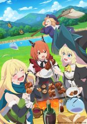 4girls absurdres aizawa_azusa bare_shoulders blonde_hair blue_eyes blue_sky bottle bread breasts bug butterfly butterfly_net cloud cooking cup dragon_horns eating elf food gloves grilling halkara_(slime_taoshite_300_nen) hand_net hat highres hitodama holding holding_food horns insect laika_(slime_taoshite_300_nen) large_breasts long_hair looking_at_another mountain mountainous_horizon mug multiple_girls official_art open_mouth outdoors pointy_ears promotional_art red_eyes red_hair river rosalie_(slime_taoshite_300_nen) sky slime_(creature) slime_taoshite_300_nen_shiranai_uchi_ni_level_max_ni_nattemashita smile tree wine_bottle witch_hat