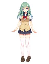 Rule 34 | 1girl, :d, arms at sides, black sailor collar, black skirt, blue eyes, blush, bow, bowtie, breasts, brown shoes, brown sweater vest, buttons, flower, green hair, hair behind ear, hair flower, hair ornament, highres, large breasts, loafers, long hair, looking at viewer, miniskirt, official art, open mouth, pink flower, pleated skirt, promotional art, red bow, red bowtie, ren&#039;ai hajimemashite, sacraneco, sailor collar, school uniform, serafuku, shirt, shizuka sachi, shoes, short sleeves, sidelocks, simple background, skirt, smile, solo, sprite, straight hair, sweater vest, swept bangs, thighhighs, transparent background, white shirt, white thighhighs, zettai ryouiki
