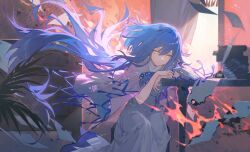 1girl :| arm_support blue_hair book book_stack cape closed_mouth elbows_on_table evening expressionless feet_out_of_frame floating_hair grey_cape grey_skirt hair_between_eyes head_tilt highres indoors inkwell leaning_forward long_hair long_skirt looking_at_viewer original papers plant quill shirt sidelocks sitting skirt snowcake47 solo table very_long_hair white_shirt wind window yellow_eyes