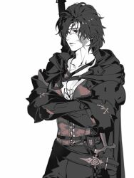 1girl black_cape black_gloves black_hair black_pants breasts cape chinese_commentary cleavage clive_rosfield closed_mouth collarbone commentary_request cowboy_shot crossed_arms facial_scar final_fantasy final_fantasy_xvi genderswap genderswap_(mtf) gloves hair_over_one_eye highres pants red_vest scar scar_on_cheek scar_on_face sheath sheathed short_hair solo suiteikanse sword sword_on_back vest weapon weapon_on_back white_background