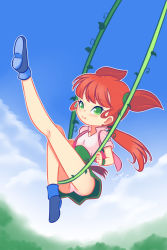 1girl ass bad_tag blue_shoes blush cloud drantyno flat_chest flora_(jayce_and_the_wheeled_warriors) green_eyes green_skirt jayce_and_the_wheeled_warriors lace lace-trimmed_panties lace_trim loli long_hair looking_at_viewer low_ponytail panties pink_panties pink_shirt pink_vest plant ponytail red_hair shirt shoes short_sleeves sitting skirt sky smile swing twintails underwear vest vines wristband
