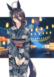 Rule 34 | 1girl, ahoge, animal ears, b9pqpy, black hair, black sash, blue kimono, blush, closed mouth, crossed bangs, ear tag, earrings, fireworks, furrowed brow, grey hair, hair between eyes, hair over shoulder, highres, horse ears, horse girl, horse tail, japanese clothes, jewelry, kimono, lantern, long bangs, long hair, long hair between eyes, manhattan cafe (umamusume), multicolored hair, night, night sky, obi, own hands together, sash, senkou hanabi, single earring, sky, solo, sparkler, summer festival, tail, umamusume, variant set, yellow eyes, yukata