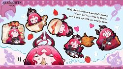 &gt;_&lt; 1girl :3 :d ^_^ arknights black_jacket blue_background blush cake chibi closed_eyes closed_mouth cup eating english_text food fruit grey_skirt heart highres holding holding_food in_container in_cup jacket long_hair multiple_views nymph_(arknights) o_o official_art open_mouth purple_eyes red_hair red_shoes shirt shoes skirt sleeveless sleeveless_shirt smile strawberry sukima_(crie) sweet_potato teacup thighhighs turkey_(food) very_long_hair white_shirt white_thighhighs xd