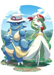 2girls alternate_hairstyle ariekochan bandana belt blue_skin colored_skin cosplay english_text gardevoir gen_1_pokemon gen_3_pokemon grass green_hair green_skin hat highres leaf_(pokemon) leaf_(pokemon)_(cosplay) may_(pokemon) may_(pokemon)_(cosplay) mountain multicolored_skin multiple_girls nidoqueen nintendo no_feet outdoors pokemon pokemon_(creature) pokemon_frlg pokemon_rse red_bandana red_skin smile spikes standing twitter_username two-tone_skin white_hat white_skin