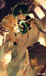 Rule 34 | 1boy, 1girl, arm tattoo, armor, bare shoulders, bead necklace, beads, black gloves, black hair, blonde hair, blush, breasts, closed eyes, closed mouth, dress, facial mark, fingerless gloves, fireworks, flower, genshin impact, gloves, green hair, hair flower, hair ornament, highres, jewelry, jk 4140, long hair, lumine (genshin impact), multicolored hair, necklace, open mouth, shirt, short hair, short hair with long locks, shoulder armor, smile, spikes, tattoo, white dress, white flower, white shirt, white sleeves, xiao (genshin impact)