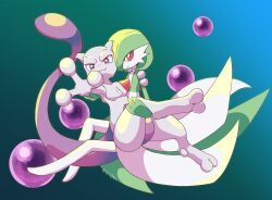 1boy 1girl animal_feet animal_hands arm_around_shoulder arm_up artist_name bob_cut carrying closed_mouth colored_skin enohito flat_chest furry furry_male gardevoir gen_1_pokemon gen_3_pokemon gradient_background green_background green_hair green_skin hair_over_one_eye hand_on_another&#039;s_shoulder hands_up happy highres legendary_pokemon looking_at_viewer mewtwo multicolored_skin nintendo one_eye_covered orb outstretched_arm pokemon pokemon_(creature) pokemon_tcg pokemon_tcg_pocket princess_carry purple_eyes purple_skin reaching reaching_towards_viewer red_eyes role_reversal short_hair signature simple_background smile spread_fingers tail_raised two-tone_skin white_skin