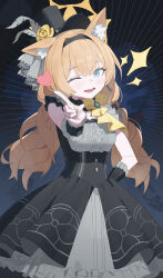 1girl ;d absurdres animal_ear_fluff animal_ears aqua_eyes black_choker black_dress black_hairband black_hat black_wrist_cuffs blonde_hair blue_archive blush breasts cat_ears center_frills chinese_commentary choker commentary dress earrings fanshuimucishen flower frilled_choker frilled_wrist_cuffs frills grey_dress hair_between_eyes hairband halo hand_on_own_hip hat hat_feather hat_flower heart highres idol_clothes jewelry long_hair making-of_available mari_(blue_archive) mari_(idol)_(blue_archive) medium_breasts official_alternate_costume one_eye_closed open_mouth pointing pointing_at_viewer rose sleeveless sleeveless_dress smile solo sparkle top_hat twintails two-tone_dress wrist_cuffs yellow_flower yellow_halo yellow_rose