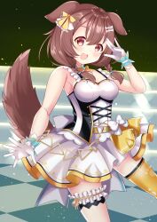 1girl absurdres animal_ears blush bone_hair_ornament braid brown_eyes brown_hair dog_ears dog_girl dog_tail fang gloves hair_ornament hajime_yo highres hololive inugami_korone looking_at_viewer open_mouth orange_ribbon ribbon single_thighhigh skin_fang solo tail thighhighs twin_braids virtual_youtuber white_gloves