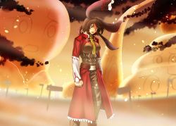1girl archer_(fate) archer_(fate)_(cosplay) armor ascot black_bow black_eyes boobplate bow breastplate brown_hair brown_pants brown_shirt cape cloud collared_shirt commentary_request cookie_(touhou) cosplay fate_(series) feet_out_of_frame frilled_bow frills hair_bow hakurei_reimu highres jacket kine large_bow looking_at_viewer mallet mochiya_(cookie) nicoseiga29968555 open_mouth orange_sky pants red_cape red_jacket shirt short_hair sky solo standing swept_bangs touhou unlimited_blade_works_(reality_marble) waist_cape white_sleeves yellow_ascot