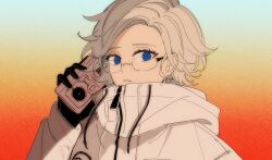 1boy aotsuki_eito black_gloves blue_eyes cellphone drawstring glasses gloves gradient_background grey_hair hand_up highres holding holding_phone jacket looking_at_viewer male_focus minami_akino parted_lips phone portrait short_hair sideways_glance smartphone solo the_hundred_line_-last_defense_academy- white_jacket zipper