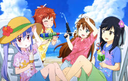 Rule 34 | 4girls, absurdres, black hair, blush, brown eyes, brown hair, chair, closed eyes, detexted, facing another, flower, food, hair flower, hair ornament, highres, ice cream, ice cream cone, ichijou hotaru, koshigaya komari, koshigaya natsumi, long hair, looking at another, looking at viewer, magazine request, magazine scan, medium hair, miyauchi renge, mizusaki kenta, multiple girls, non non biyori, one eye closed, open mouth, parted lips, purple hair, red eyes, scan, short hair, sitting, smile, teeth, third-party edit, translation request, triangle mouth, twintails, water gun