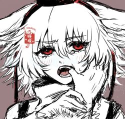 1girl 1other animal_ears blush brown_background commentary_request ears_down greyscale_with_colored_background hat highres inubashiri_momiji looking_at_viewer mouth_pull open_mouth red_eyes red_hat short_hair solo_focus soukou_(artist) teeth tokin_hat touhou upper_body wolf_ears wolf_girl