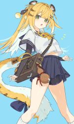 1girl absurdres animal_ears awe_(adorableduckyy) bike_shorts black_shorts blonde_hair blue_background blue_skirt green_eyes hair_between_eyes highres ju_fufu loli shirt shorts simple_background skirt socks solo tail thighs tiger_ears tiger_girl tiger_tail white_shirt white_socks zenless_zone_zero