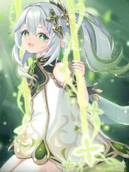 1girl :d aomo bare_shoulders commentary dated detached_sleeves dress from_side gem genshin_impact gold_trim gradient_hair green_background green_eyes green_gemstone green_sleeves hair_between_eyes hair_ornament highres long_hair multicolored_hair nahida_(genshin_impact) on_swing open_mouth pointy_ears side_ponytail signature sitting sleeveless sleeveless_dress smile solo star-shaped_pupils star_(symbol) swing symbol-shaped_pupils white_dress white_hair