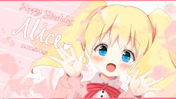1girl :d alice_cartelet blonde_hair blue_eyes blush bow bowtie cardigan character_name collared_shirt commentary_request dated dutch_angle gradient_eyes hands_up happy happy_birthday highres kin-iro_mosaic letterboxed looking_at_viewer moegi_high_school_uniform multicolored_eyes open_mouth palms pink_background pink_cardigan pink_petals red_bow red_bowtie rotation school_uniform shirt simple_background smile solo striped_bow striped_bowtie striped_clothes twintails wanwan_(skoji1234)