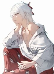 1girl cigarette commentary english_commentary from_side fujiwara_no_mokou highres holding holding_cigarette hs_(user_hvww8443) pants parted_lips partially_unbuttoned red_eyes red_pants shirt simple_background single_off_shoulder solo touhou white_background white_hair white_shirt
