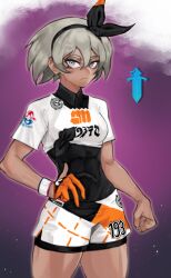 1girl bea_(pokemon) black_bodysuit black_hairband bodysuit bodysuit_under_clothes bow_hairband breasts clenched_hand closed_mouth commentary cowboy_shot dynamax_band eyelashes gloves grey_eyes grey_hair hair_between_eyes hairband looking_at_viewer nairdags nintendo partially_fingerless_gloves pokemon pokemon_swsh print_shorts shirt short_hair short_sleeves shorts side_slit side_slit_shorts single_glove solo tied_shirt white_shirt white_shorts