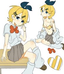 1girl black_bow blonde_hair blue_eyes bow bowtie bra bracelet breasts brown_shoes brown_skirt collarbone collared_shirt crossed_legs desk hair_bow hair_ornament hairclip head_tilt highres holding holding_unworn_clothes jewelry kagamine_rin leg_warmers looking_at_viewer midriff miniskirt pleated_skirt puffy_short_sleeves puffy_sleeves red_bow red_bowtie school_desk school_uniform shirt shoes short_hair short_sleeves shoulder_tattoo sitting skinny skirt small_breasts solo spiral_cheeks striped_bra striped_clothes swept_bangs tattoo tucking_hair underwear unworn_shirt vocaloid white_leg_warmers white_shirt yellow_bra z_z00a