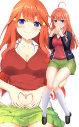 1girl absurdres ahoge steamed_bun black_footwear blazer blue_eyes blue_jacket blush breasts cleavage collarbone collared_shirt commentary_request cowboy_shot eating eyebrows_hidden_by_hair food full_body go-toubun_no_hanayome green_skirt hair_ornament hands_on_own_stomach heart heart_hands highres holding holding_food inanaki_shiki jacket kneehighs knees_together_feet_apart large_breasts loafers long_hair long_sleeves looking_at_viewer multiple_views nakano_itsuki navel open_clothes open_jacket partially_unbuttoned pleated_skirt red_hair red_sweater_vest school_uniform shirt shoes short_sleeves sidelocks simple_background sitting skirt smile socks star_(symbol) star_hair_ornament sweater_vest sweater_vest_lift uterus_pose v-neck white_background white_shirt white_socks