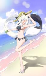 Rule 34 | 1girl, absurdres, ahoge, animal ear fluff, animal ears, arm up, armpits, beach, bikini, black bikini, blush, braid, breasts, cleavage, cloud, cloudy sky, commentary request, earrings, extra ears, feet, flip-flops, fox ears, fox girl, fox tail, green eyes, hair between eyes, hat, highres, holding, hololive, jewelry, long hair, looking at viewer, medium breasts, ocean, one eye closed, open mouth, outdoors, pentagram, ponytail, sandals, shirakami fubuki, shoe soles, sidelocks, single braid, sky, solo, sorazumiumi, straw hat, swimsuit, tail, toes, virtual youtuber, white hair